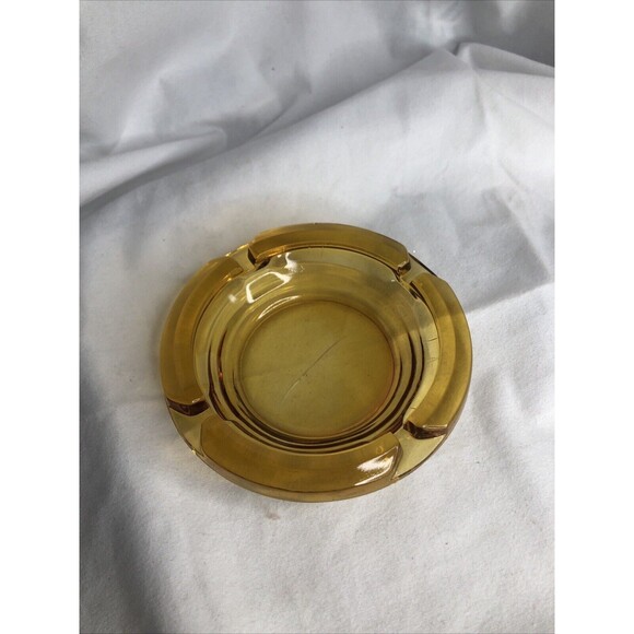 Vintage Amber Ashtray 4.5" Round Sun Yellow Heavy Thick Cut Glass - Picture 11 of 12